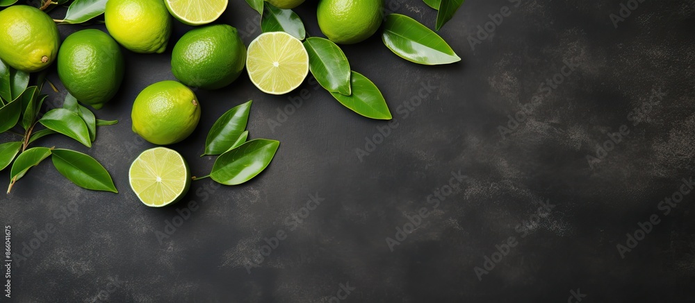 Leinwandbilder Top view of fresh ripe limes on a dark stone surface with a blank area for text or images, known as a copy space image.