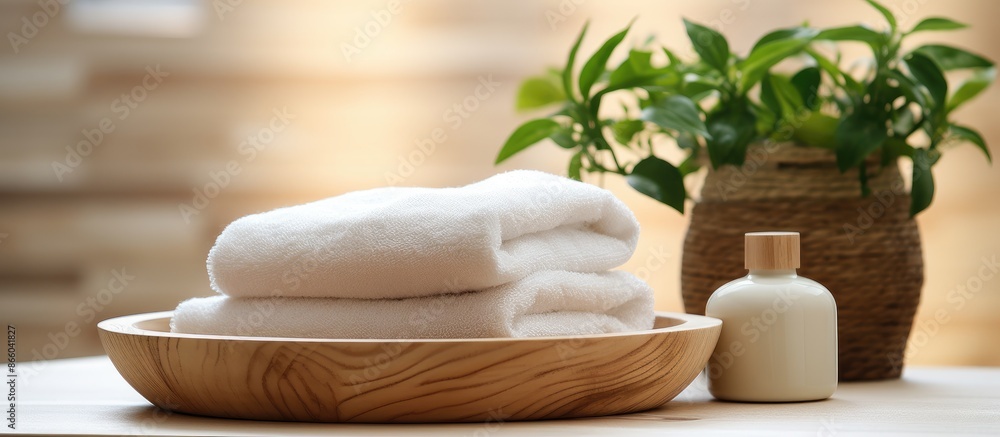 Poster wooden plate with towels displayed, against a blurred bathroom backdrop. intended for product presen