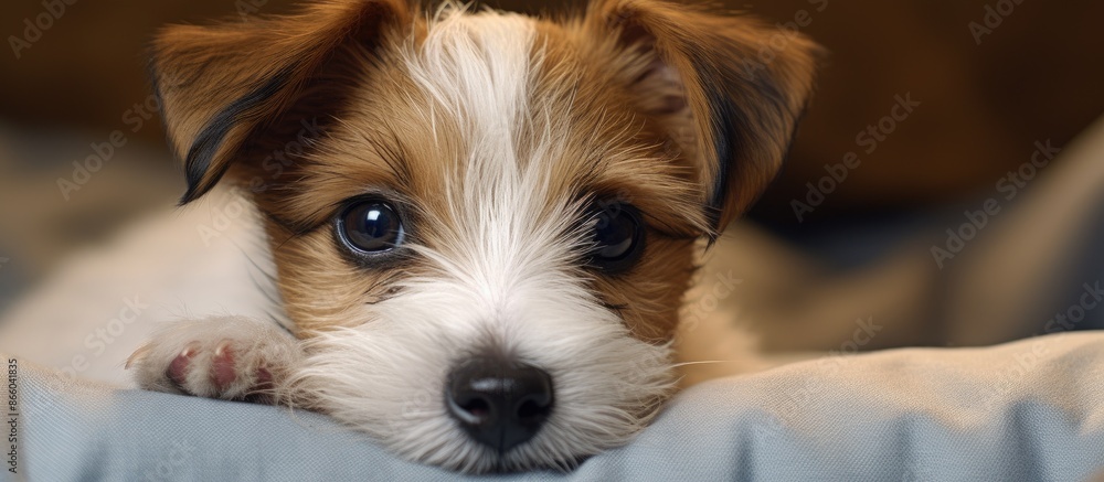 Poster close-up of a wire haired jack russell terrier puppy with unique fur markings resting in a dog bed, 