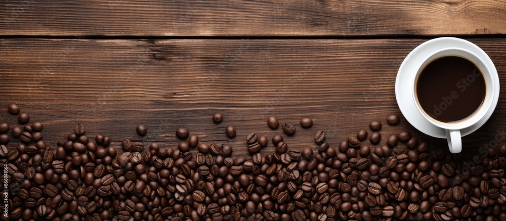 Poster a top view of a laptop on a wooden surface beside an iced coffee and coffee beans, creating a rustic