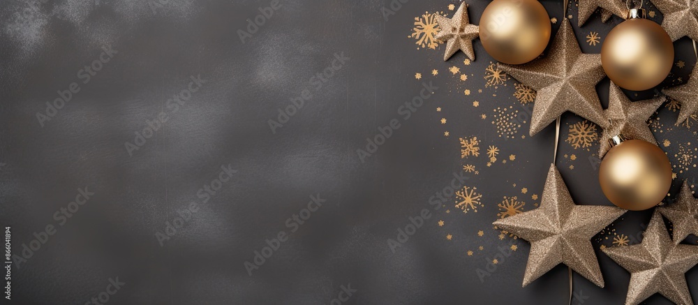 Poster high-quality photo of a christmas decoration background featuring protective masks from a top view, 