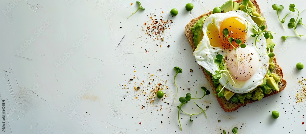 Poster Whole wheat toasted bread with avocado, poached egg, pea sprouts and cheese over white background. Top view. Healthy diet breakfast. Copy space image. Place for adding text or design