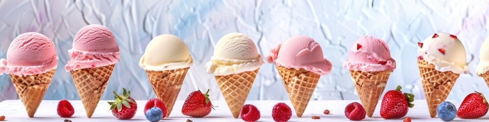 Ice Cream Line. Banner Featuring a Row of Fruity Ice Cream Cones with Various Flavors