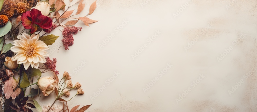 Poster a fall-themed arrangement with blank paper, dried leaves, and flowers on a soft beige backdrop, symb