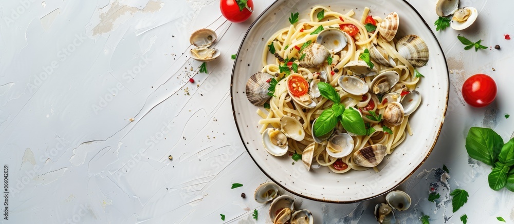 Leinwandbilder Seafood pasta with clams Spaghetti alle Vongole on a light background. Top view. Copy space image. Place for adding text or design