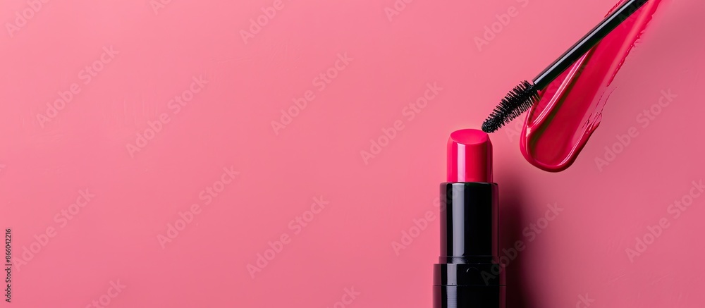 Poster Close-up of a makeup lip brush positioned above a liquid lipstick bottle on a pink background with space for text or images. with copy space image. Place for adding text or design
