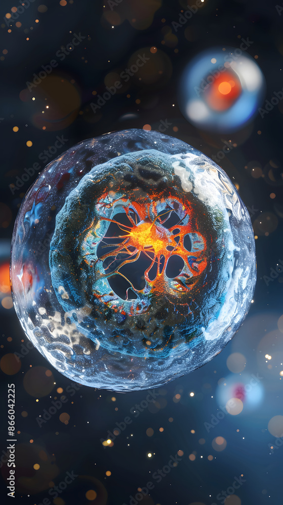 Poster 3d rendering of human cells in a blue background.