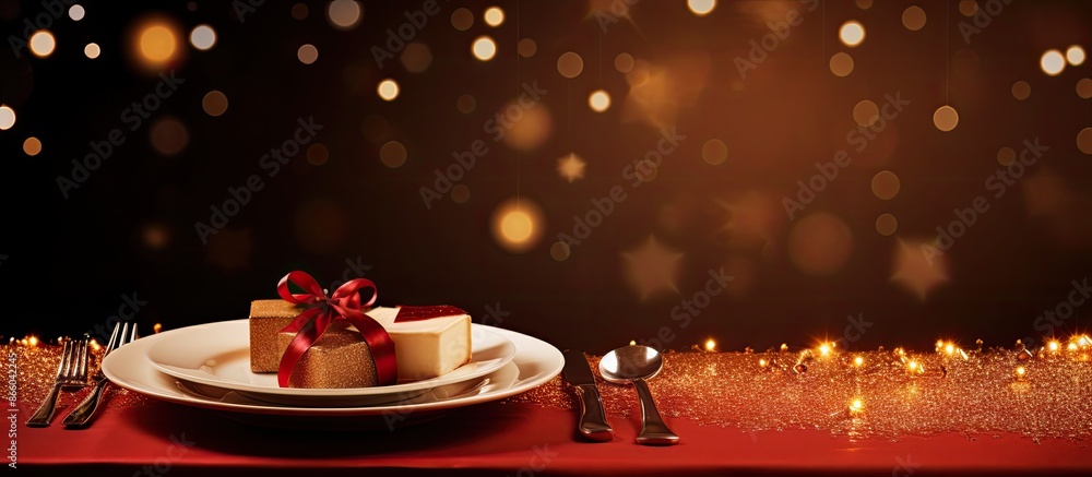 Fototapete Background of a festive Christmas table setting with space for adding images. with copy space image. Place for adding text or design
