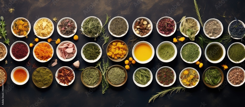 Poster different types of herbal tea with medicinal herbs viewed from above, showcasing a blank area for ad