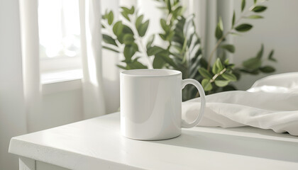 Ceramic mug on white bedside table indoors. Mockup for design