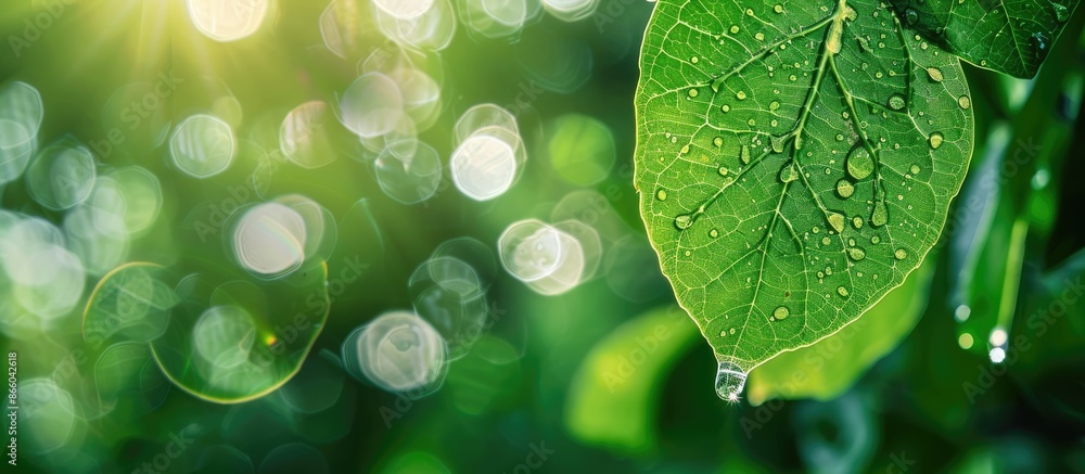 Aufkleber a green leaf with a raindrop on a natural green background, with selective focus for a copy space im