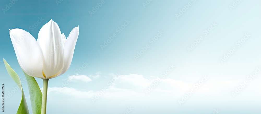 Poster Spring background features a white tulip with copy space image for your design.