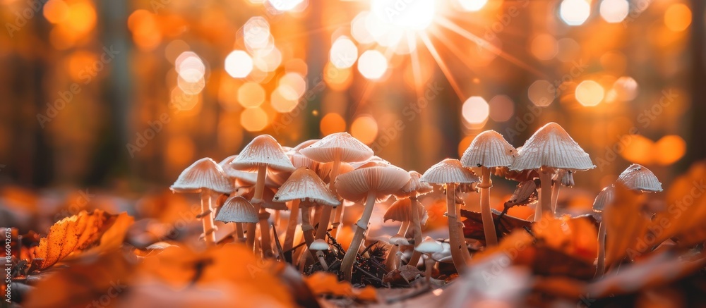 Poster copy space image of mushrooms on the ground with a blurred background.