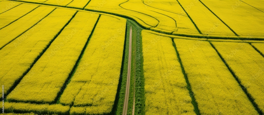 Leinwandbilder An aerial perspective captures vibrant rapeseed fields with tractor tracks creating geometric patterns below, creating an ideal copy space image.