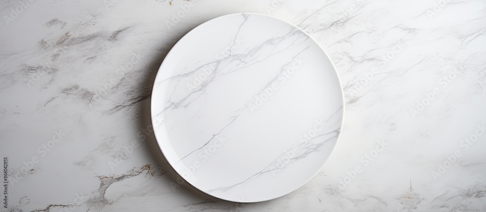 Poster a blank white plate on a white stone tabletop seen from above, with ample space for additional image