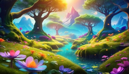 Magical landscape, fantasy landscape,  colorful flowers, mountains, trees, grass, river, sky, clouds and sunrise background, 