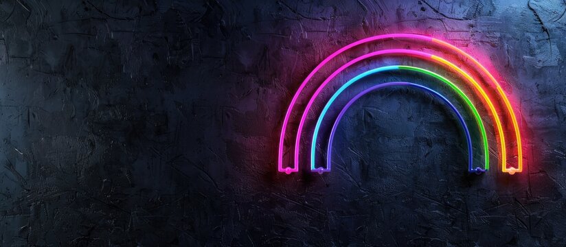 A colorful rainbow made of neon glow sticks on a black background with space for text or other content, symbolizing LGBT pride, equality, love, light, and vivid colors. with copy space image