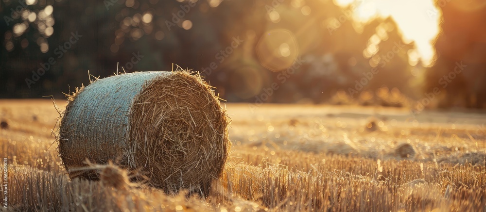 Poster Cylindrical hay bale with selective focus. Background provides a copy space image for adding text or lettering.