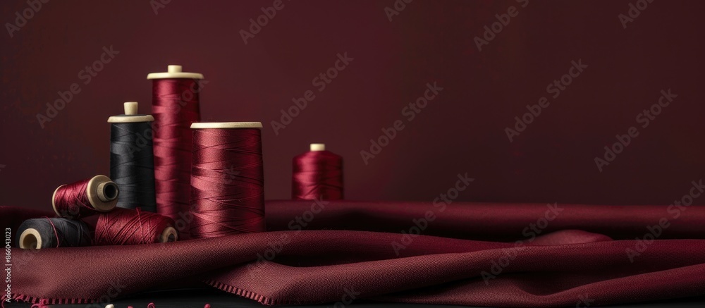 Aufkleber A design studio setting showcasing a burgundy fabric backdrop featuring a spool of thread and various sewing accessories, ideal for a copy space image.