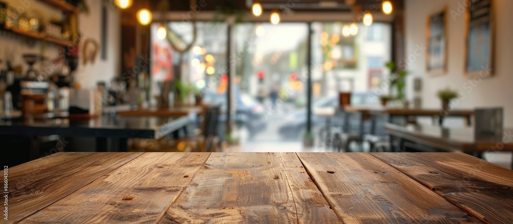 Poster wooden table with empty surface and a blurred coffee shop background, with a clean, bright foregroun