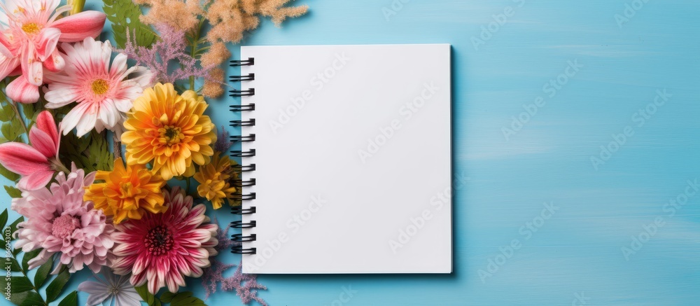 Poster Colorful background with a blank notebook, pen, and flowers, perfect for adding text or graphics in the copy space image.