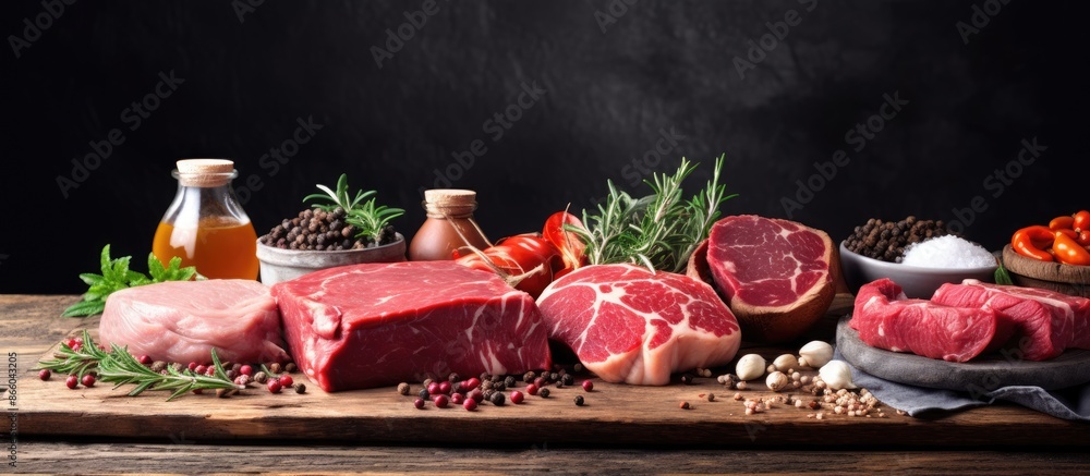 Poster a variety of fresh minced meats like beef, pork, lamb, and chicken are displayed on a rustic table a