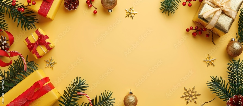 Aufkleber Christmas decorations and presents on a blank card set against a yellow background, ideal for adding text or graphics with copy space image.