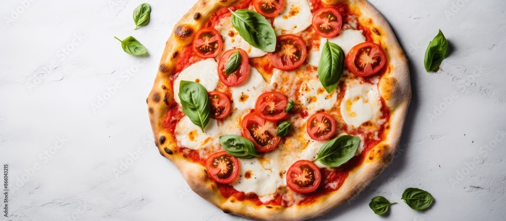 Aufkleber pizza margherita displayed on a white stone background with copy space image.