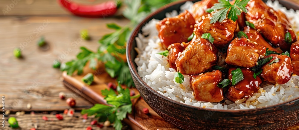 Poster high angle view of a popular asian street food dish featuring chicken and rice with selective focus 