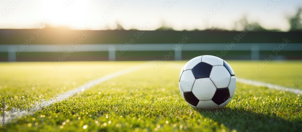 Poster a soccer ball placed on the free kick marking line outdoors in a stadium field with a clear path ahe