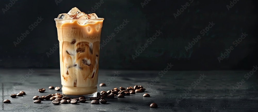 Poster iced coffee with cream, ice cubes, and beans in a tall glass on a dark concrete surface, set against
