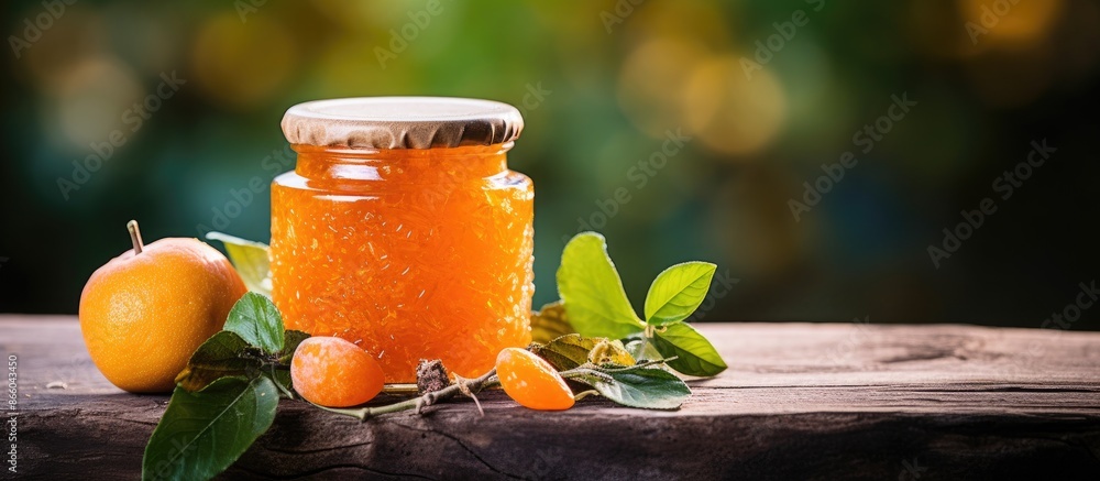 Poster autumn-themed concept featuring homemade tangerine jam with spices and mint on a rustic wooden table