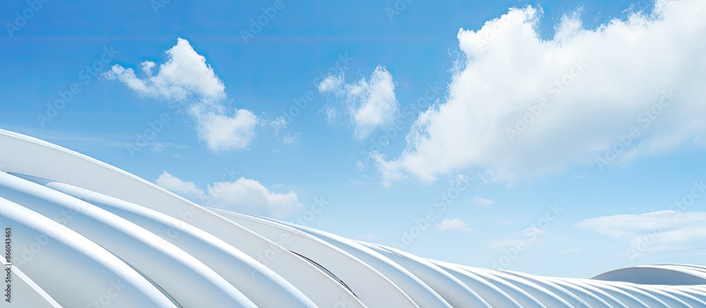 Aufkleber copy space image of a sleek metal roof curving against a backdrop of a blue sky with fluffy white cl