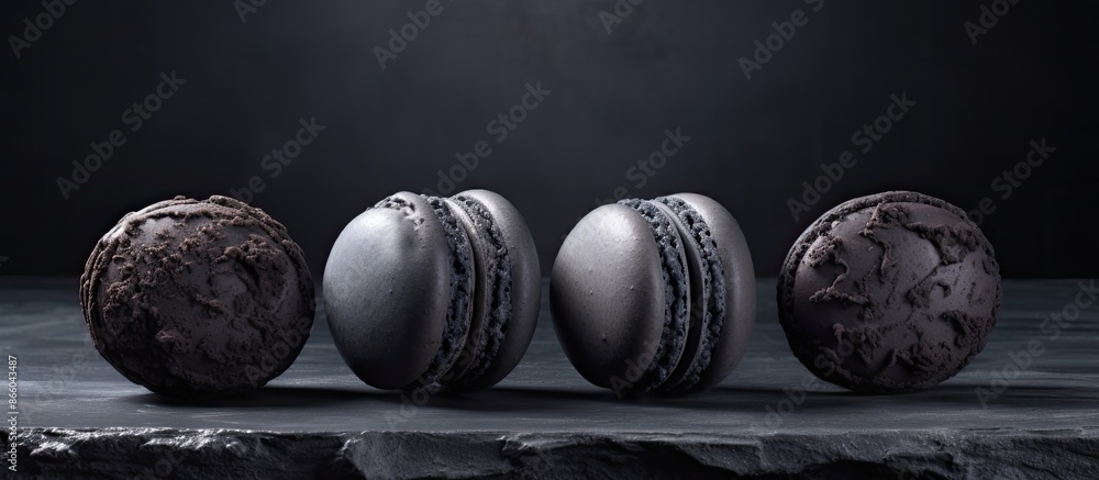 Poster elegant halloween-themed arrangement of three black macaroons on a moody dark gray concrete surface 