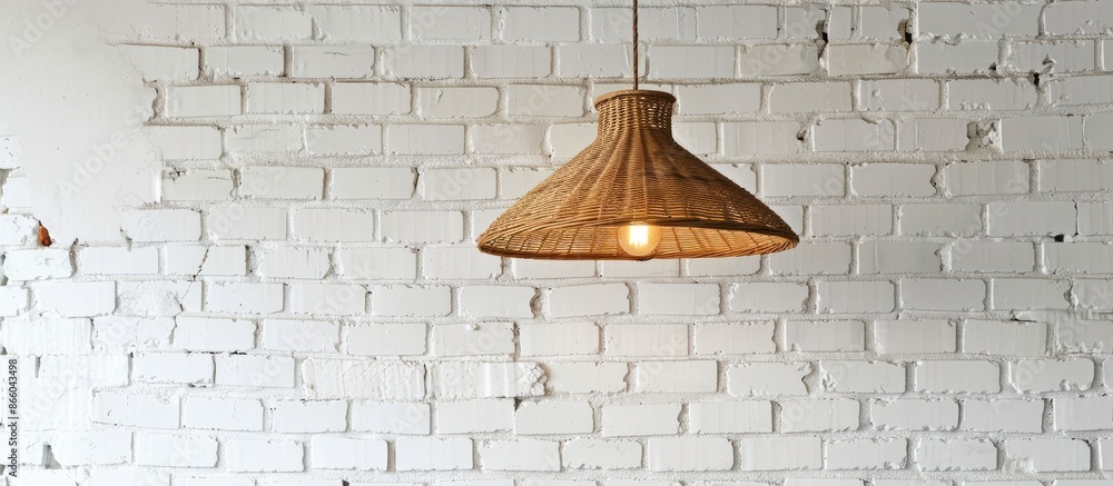 Aufkleber A brown-colored lamp hangs on a white brick wall. with copy space image. Place for adding text or design