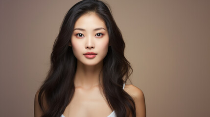 Naklejka premium portrait of a women, a photo of an Asian woman with long straight hair, fair skin tone and light makeup.