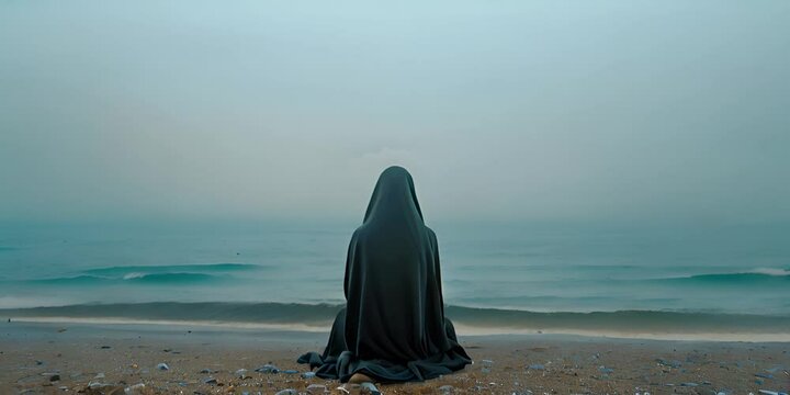 Woman in burkini enjoying peaceful beach solitude 4K Video