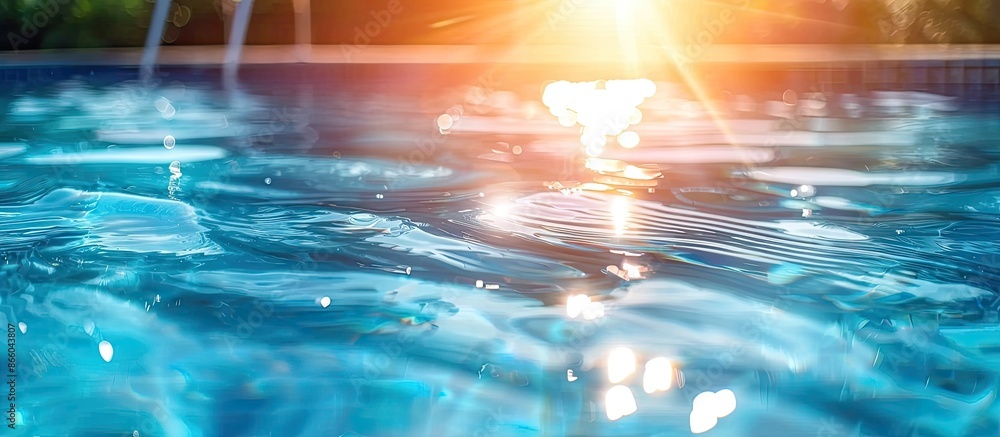 Poster ripple blue water in swimming pool with sun reflection. copy space image. place for adding text or d