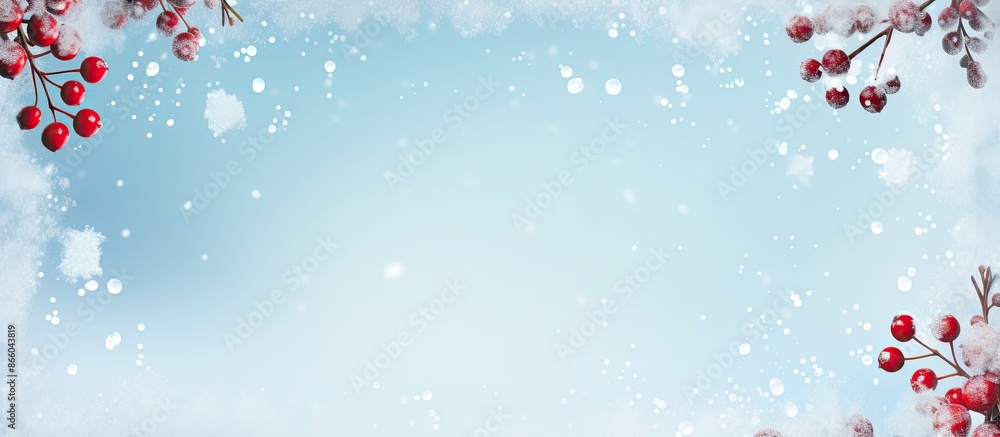 Poster winter-themed composition featuring a frame created with snowflakes and red berries on a soft blue b