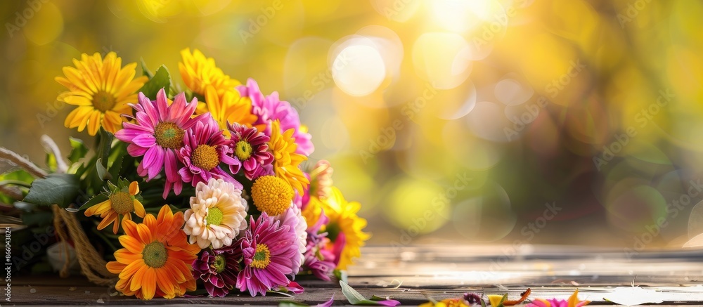 Poster beautiful flowers in a bouquet displayed on a table with copy space image.