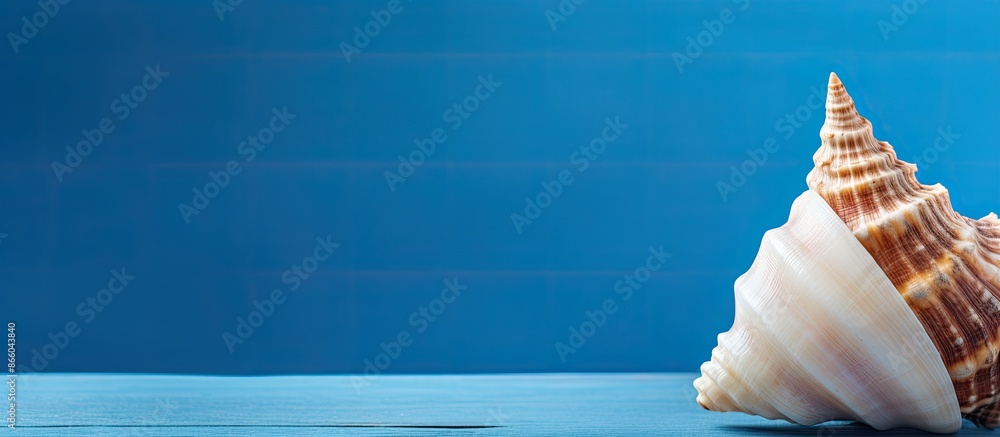 Poster a conch shell on a blue surface, with ample copy space image.