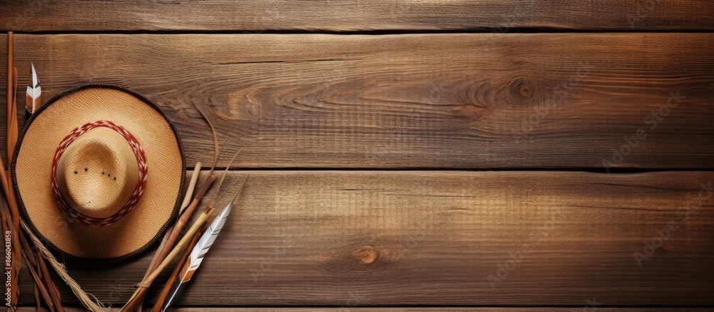 Poster a cowboy hat and arrows on a rustic wooden backdrop with ample copy space image.