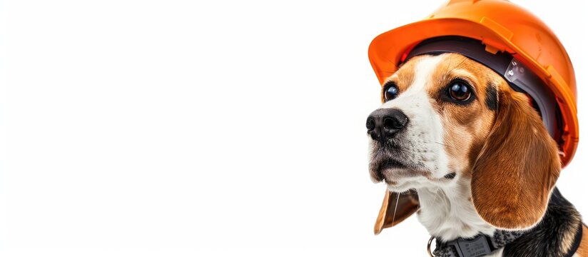 A beagle dog in a construction helmet on a white isolated background. Happy Labor Day Holiday. Copy space image. Place for adding text or design