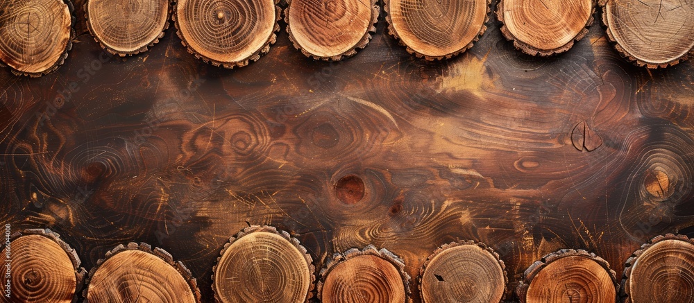 Poster wooden natural sawn logs as background, top view, flat lay. copy space image. place for adding text 