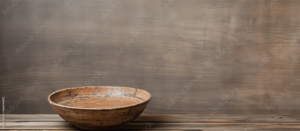 Poster rustic wooden surface showcasing a japanese handmade ceramic bowl with unique ceramic texture and co