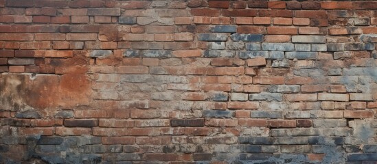 Naklejka premium Utilize this aged, weathered brick wall with a distressed appearance as a backdrop, wallpaper, or texture in your design, enhanced with ample copy space for images.