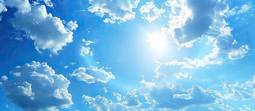 Blue sky background with bright clouds featuring wind pattern and available copy space image.