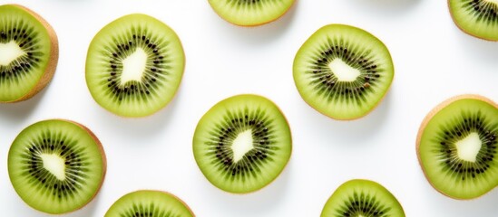 Fototapeta premium Kiwi slices on white backdrop with ample copy space image for text, arranged in a flat lay pattern, seen from above.