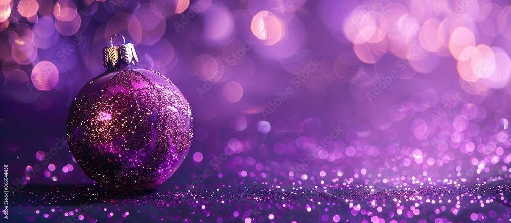 Poster christmas card featuring a shiny decoration against a purple backdrop with copy space image.