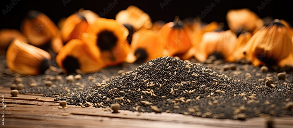 Poster close-up view of dry poppy seeds with selective focus, creating a copy space image.